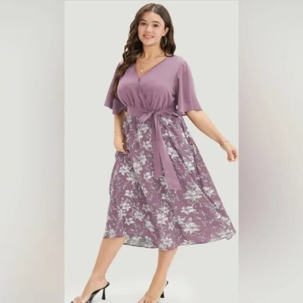 BloomChic Floral Patchwork Midi Dress 14/16 Lavender Surplice Belted NWT